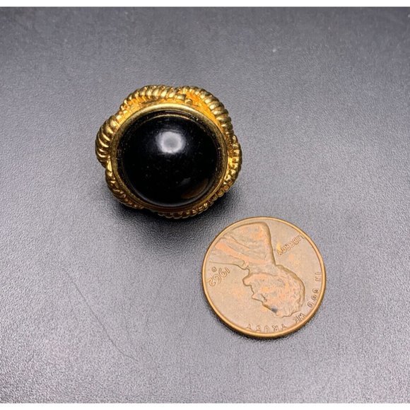 Chunky Black Plastic Cabochon Pierced Earrings Gold Tone Round Classic Vintage - Picture 4 of 6